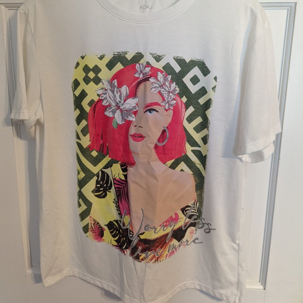 KOAJ Worry Less Live More Stylish Polynesian-Look Ladies T-shirt w/Flowers sz M